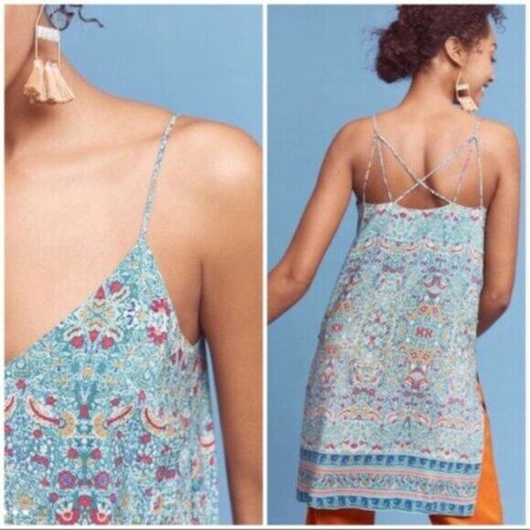 NWT Maeve Anthropologie Meret Silk Tunic Top Green Paisley Floral Anthro Size 4 - Picture 4 of 10